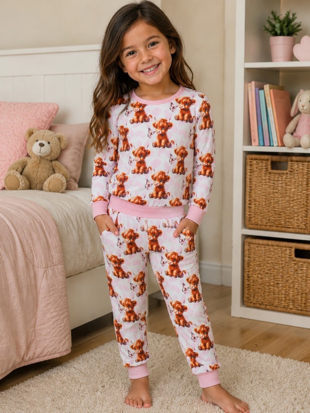 Highland Cow Bamboo PJs Long Sleeve & Pants Set Girls Size 5T